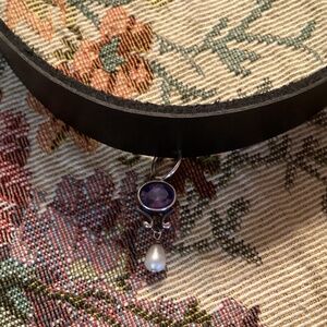 Black Leather Choker Necklace w/ Sterling Silver Tanzanite / Pearl Pendant